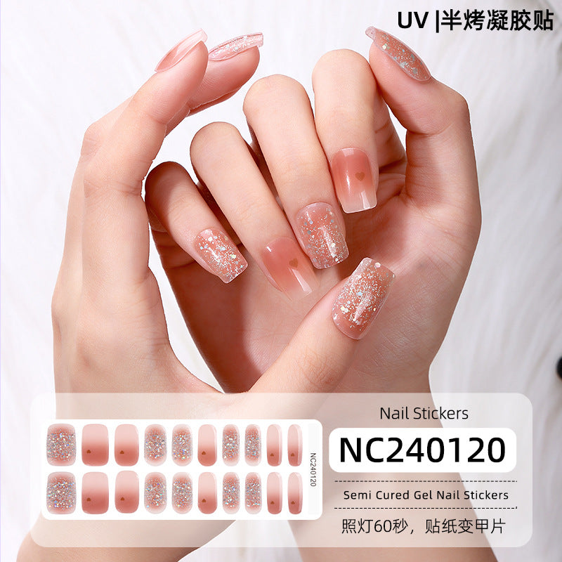 Semi-Cured Gel Nail Strips French Glitter Pink Sparkle Glossy Set (MOQ=3)