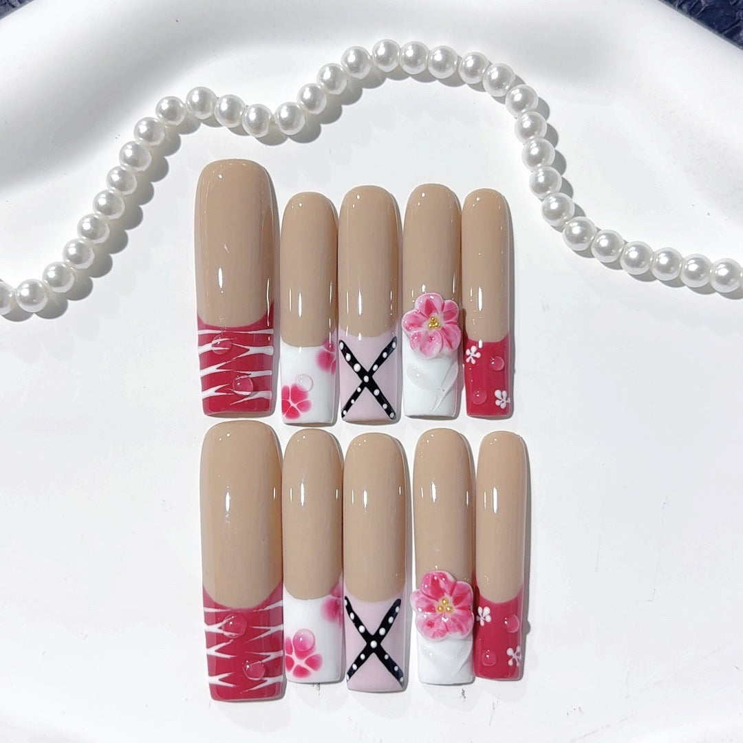 Pink Floral INS Style Long Press On Nails