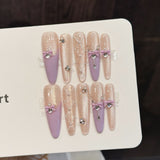 Lavender Nude Ribbon Crystal Lattice Elegant Princess Press On Nails