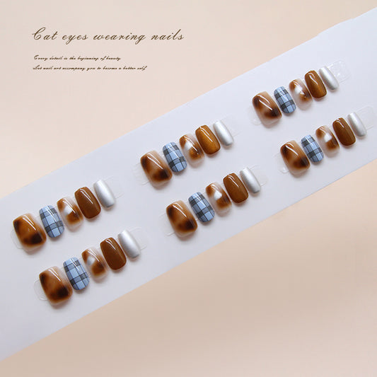Nail Tips  prefabricated nail brown pieces smudged cat eye plaid temperament white  short nail art patch｜365nails