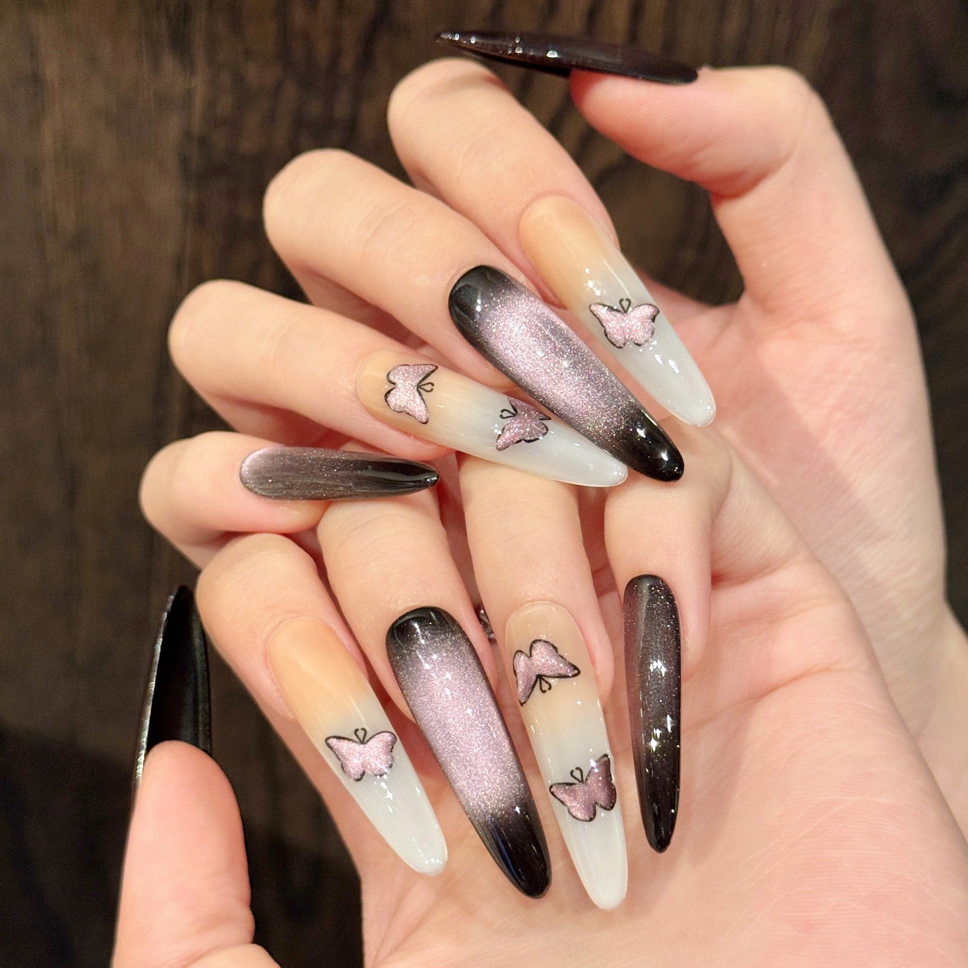 365nails: "Mystic Butterfly" – Hand-Painted Cat Eye & Butterfly Handmade Long Stiletto Nails
