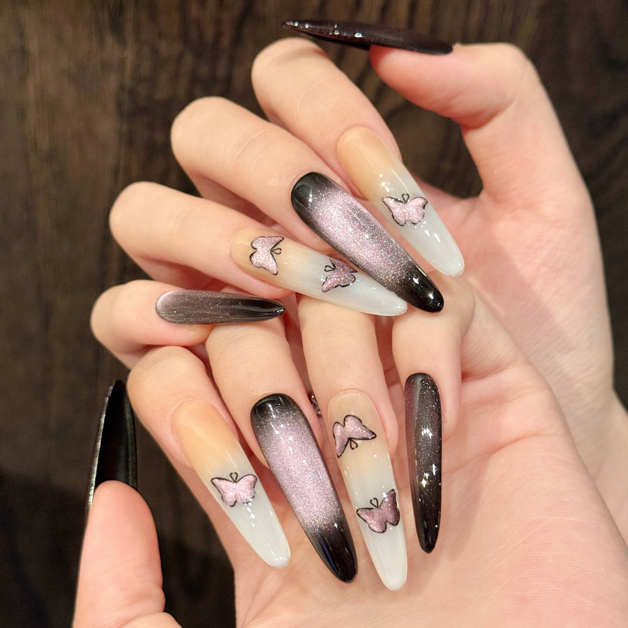 365nails: "Mystic Butterfly" – Hand-Painted Cat Eye & Butterfly Handmade Long Stiletto Nails