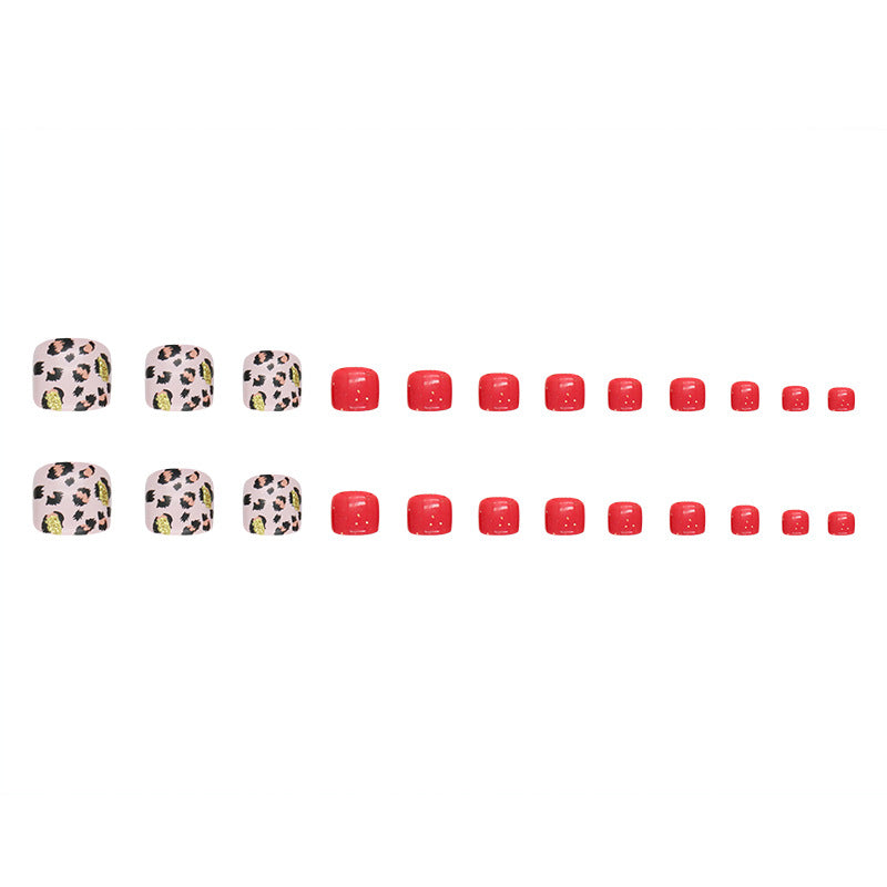 Manicura con estampado de leopardo dulce y fresco en burdeos brillante Modelo de uñas postizas para los pies con uñas postizas de chica elegantes y frescas 24 piezas en caja Piezas de uñas postizas para los pies a presión｜365nails