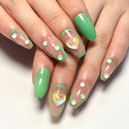 Small fresh French green edge press on nails solid color green manicure short ballet human fish bead love nail wholesale｜365nails
