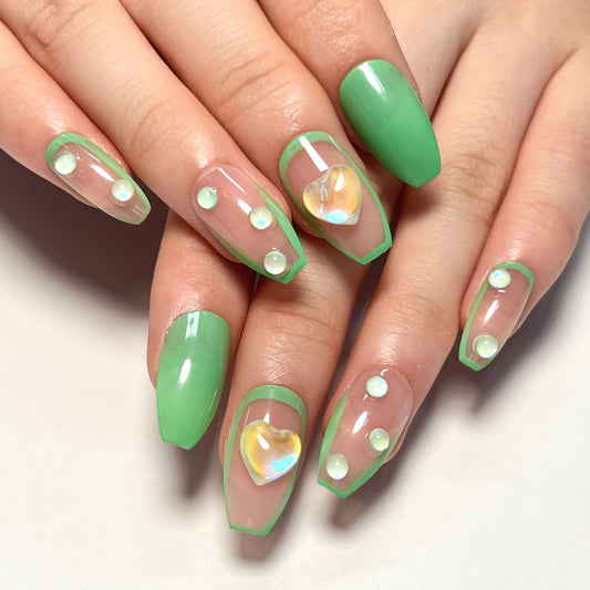 Small fresh French green edge press on nails solid color green manicure short ballet human fish bead love nail wholesale｜365nails