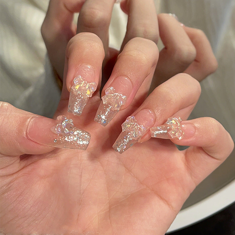 Aurora Glitter Nails with Iridescent Bow Charms