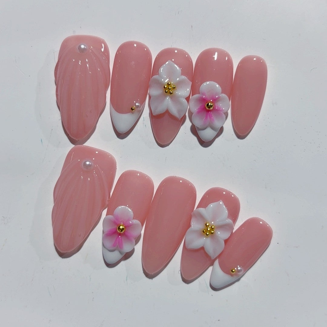 365nails 櫻花夢：「櫻花貝殼」— 杏仁形手工製3D雕刻穿戴甲