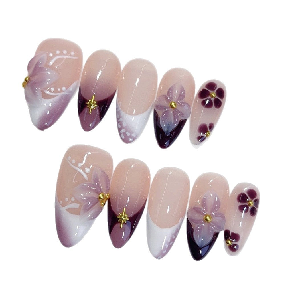 Plum Blossom Gradient: "Purple Floral" – Almond Press-On Nails