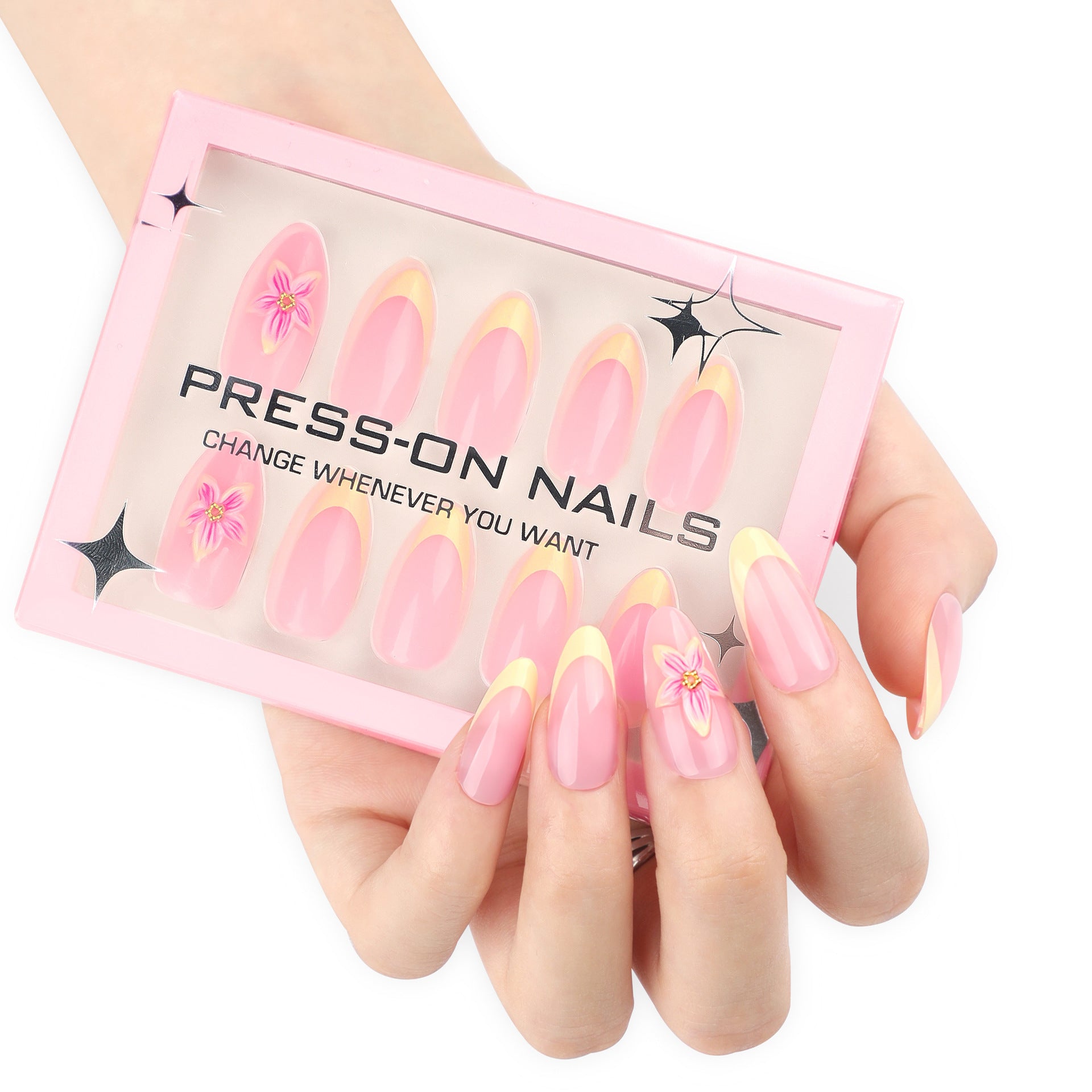 3D Stereoscopic Flower French Yellow Short Almond press-on nails