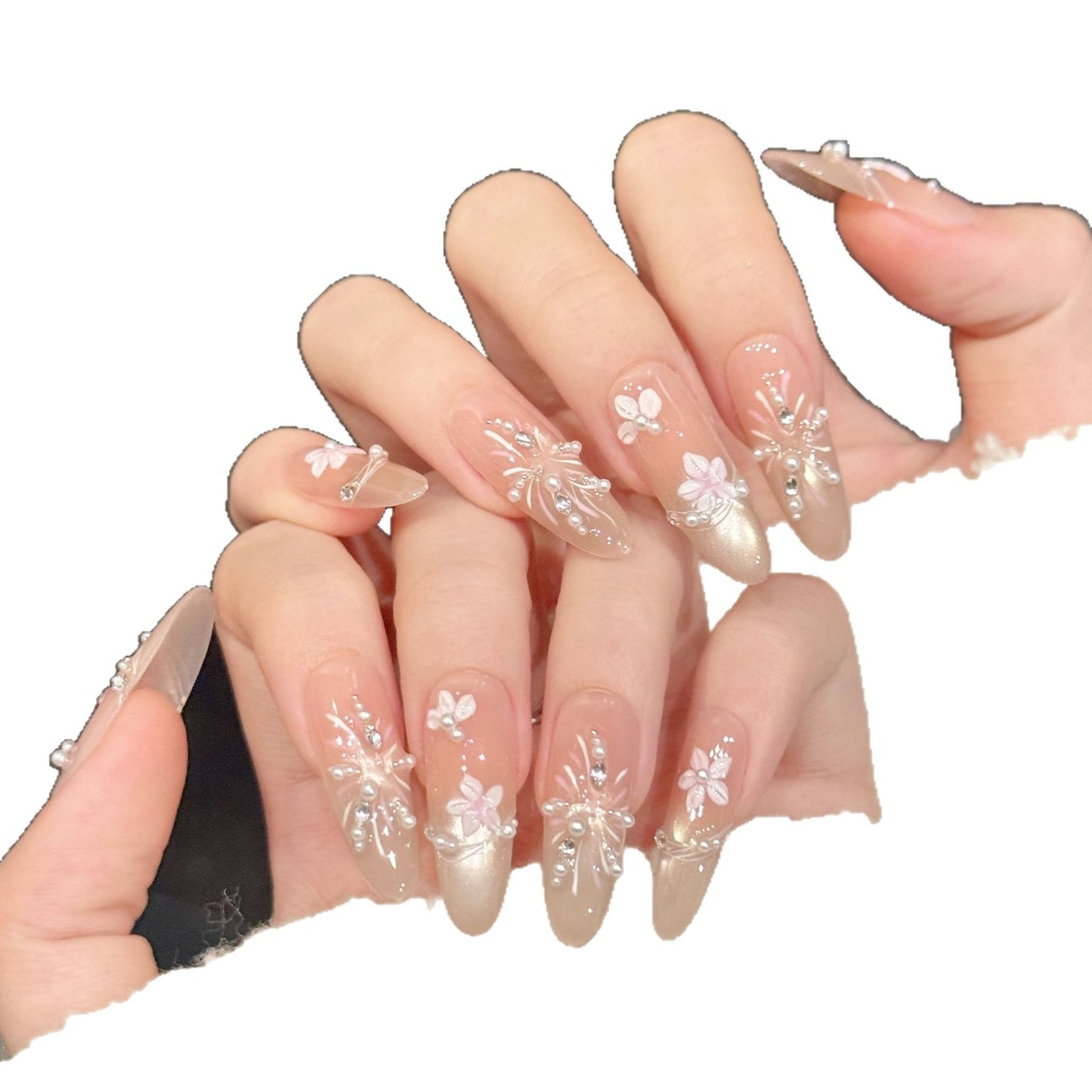 Peach Blossom Pearl Crystal Elegant Press On Nails