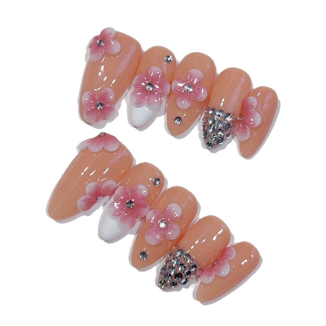 Éclat Sakura : "Floraison Rose" – Ongles press-on fait main forme amande mi-long