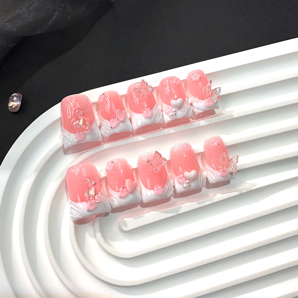 Pink Jelly French Nails with Bear and Butterfly Accents