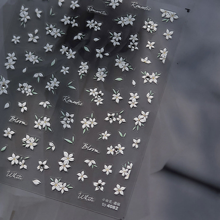 White Floral Crystal Nail Stickers – 5D Embossed Fresh Bloom Set