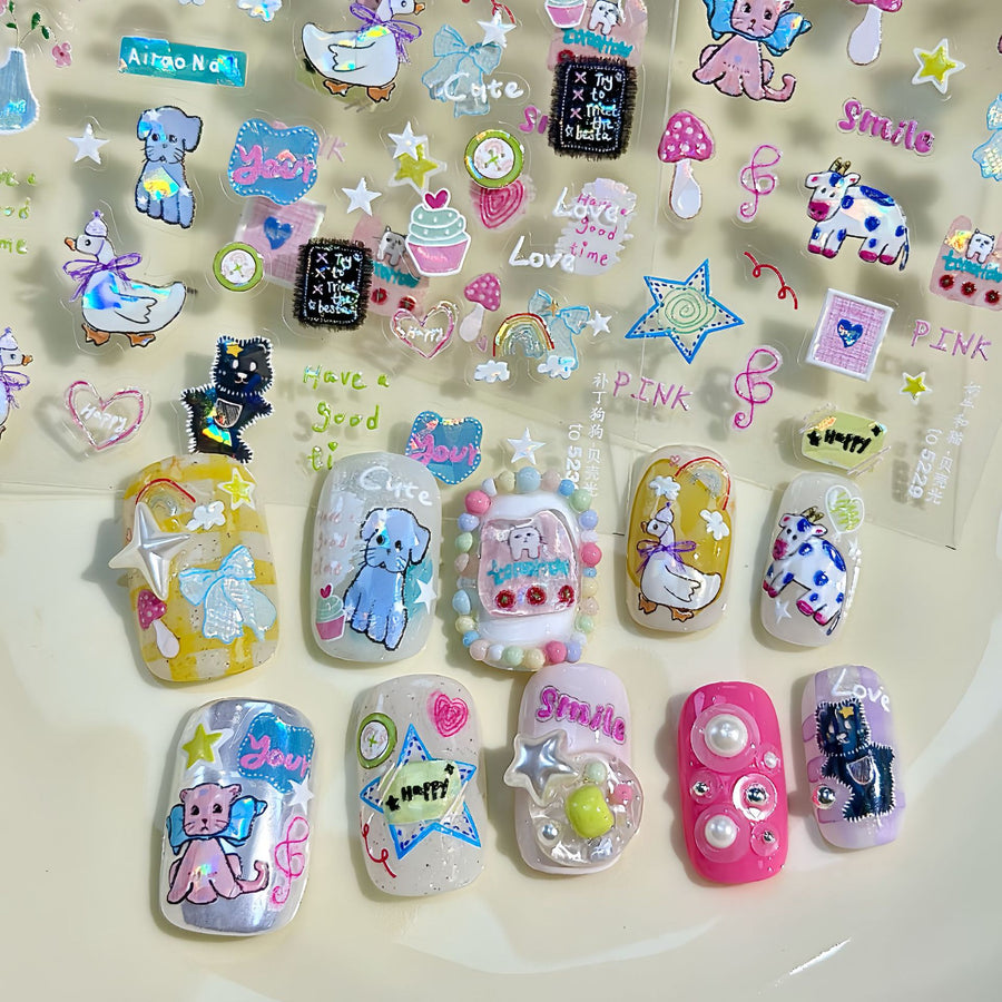 Cute Animal Doodle: "Whimsical Pet Parade" – 5D Embossed Nail Sticker