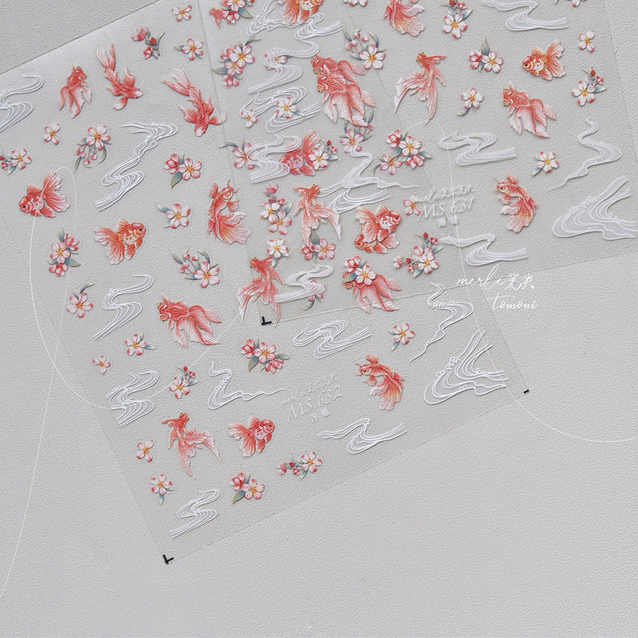 東方金魚系列：「錦鯉與櫻花」 – 3D 浮雕甲貼