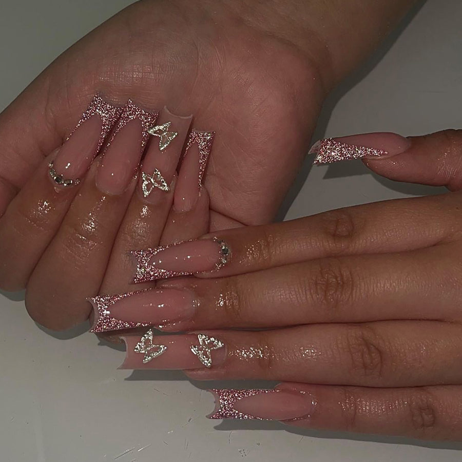 미디엄·롱 스퀘어형 매니큐어 팁 — 나비 아트 스티커 포함 ｜365nails