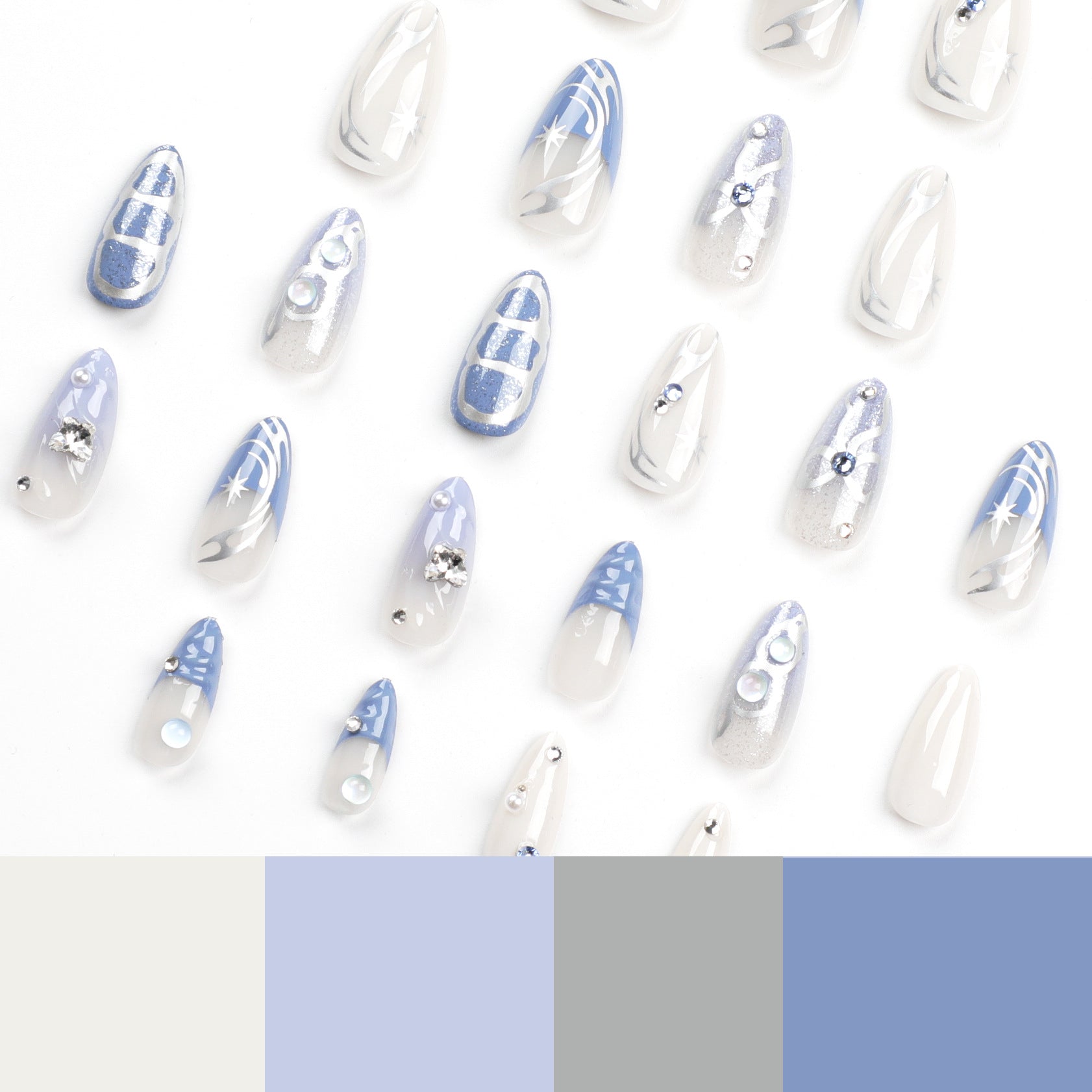 Cross-border explosion 3D bow French wearing armor new y2k silver star flash diamond human fish bead nail art