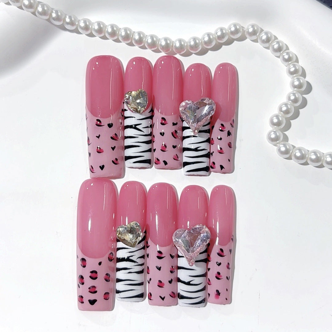Pink Wild : « Cœur léopard zèbre » – Ongles press-on fait main forme amande longue