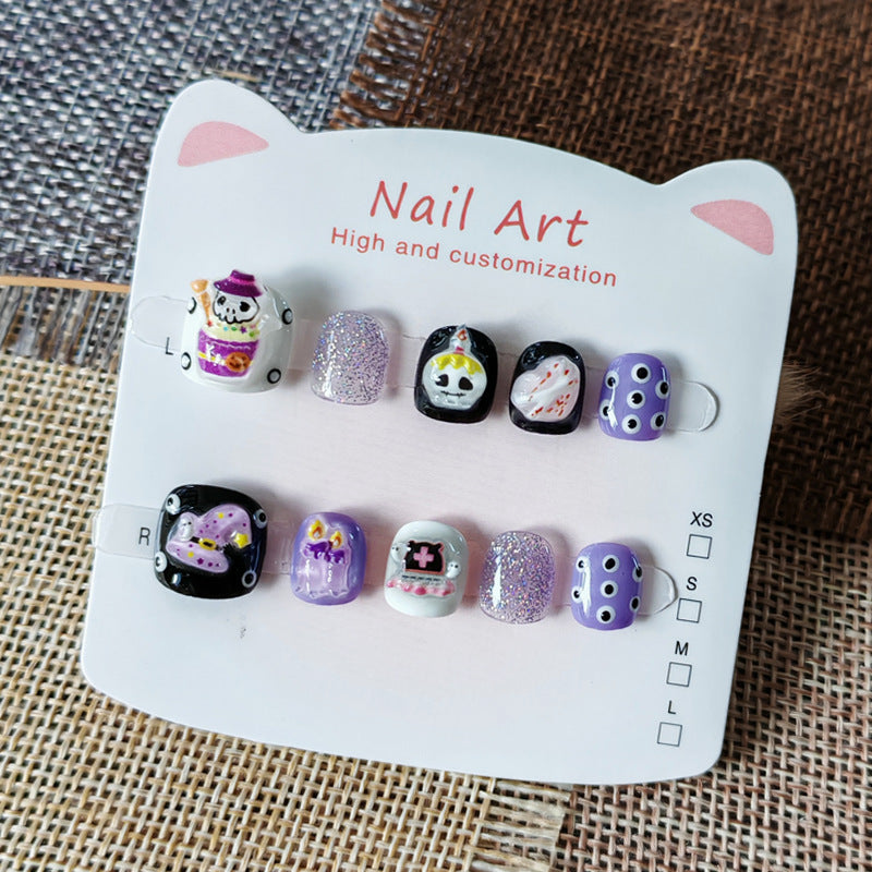365nails-Série Infantil de Halloween Assustador: "Magia da Caveira Roxa" – Unhas Postiças Infantis Curtas Quadradas