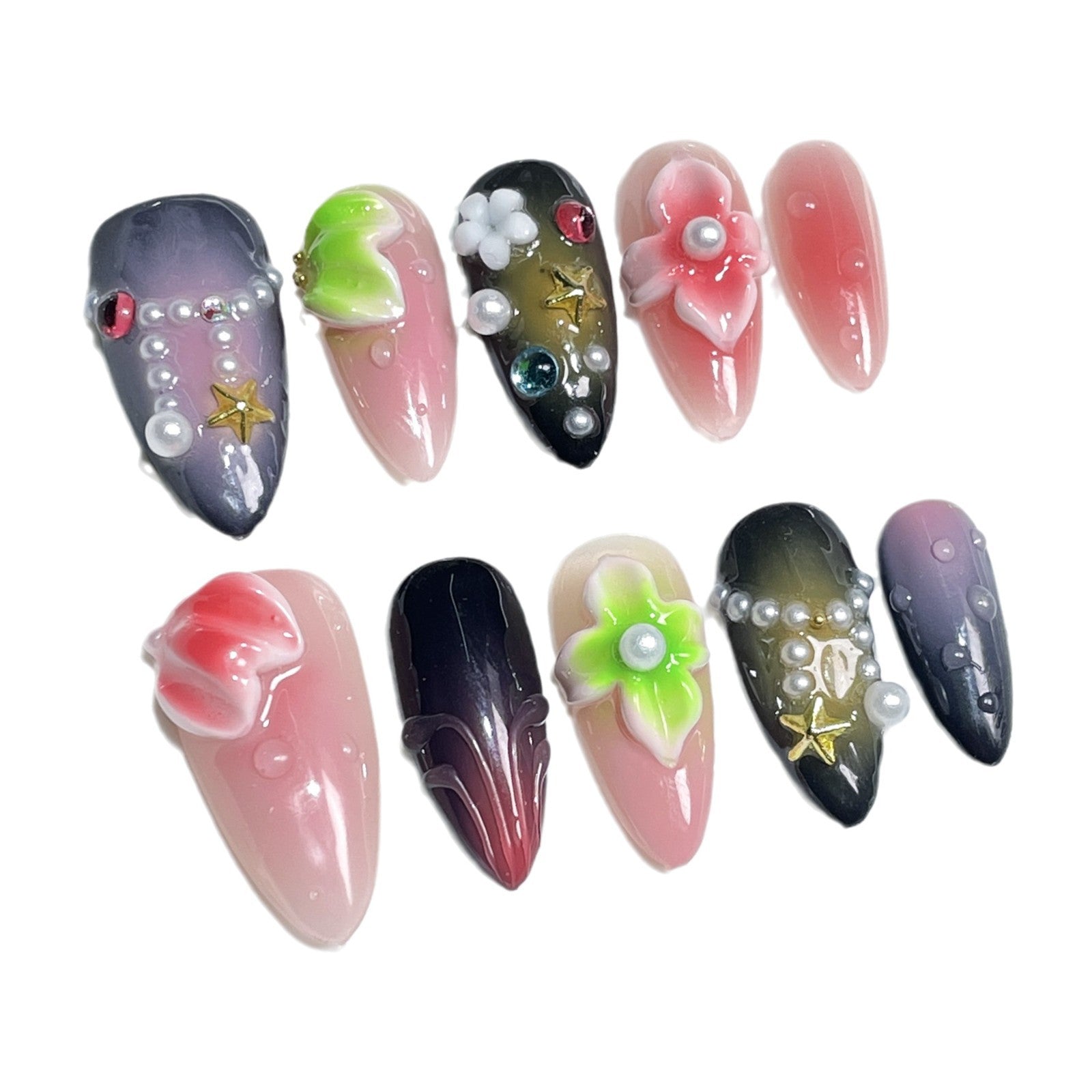 Handemade press on nails 3D Three-dimensional Carving Ice Transparent Blush Nail Sweet Cool Spice Girl   Almond Nail｜365nails