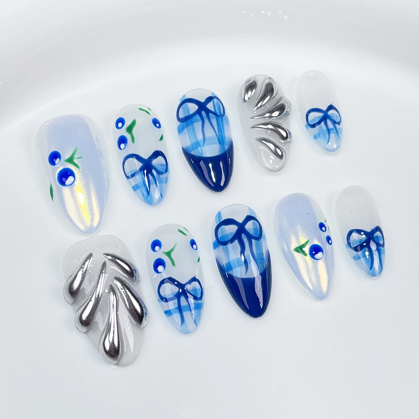 Handmade Press-on Nails Blue Hand-painted Cherry   Summer Ice Through Wear Fake Nails Wholesale｜365nails