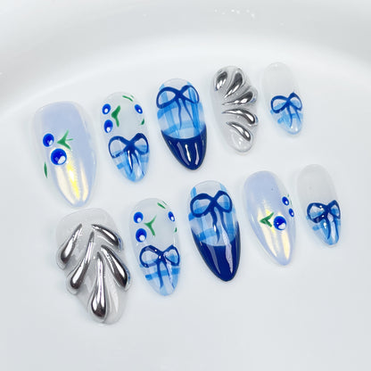 Handmade Press-on Nails Blue Hand-painted Cherry   Summer Ice Through Wear Fake Nails Wholesale｜365nails