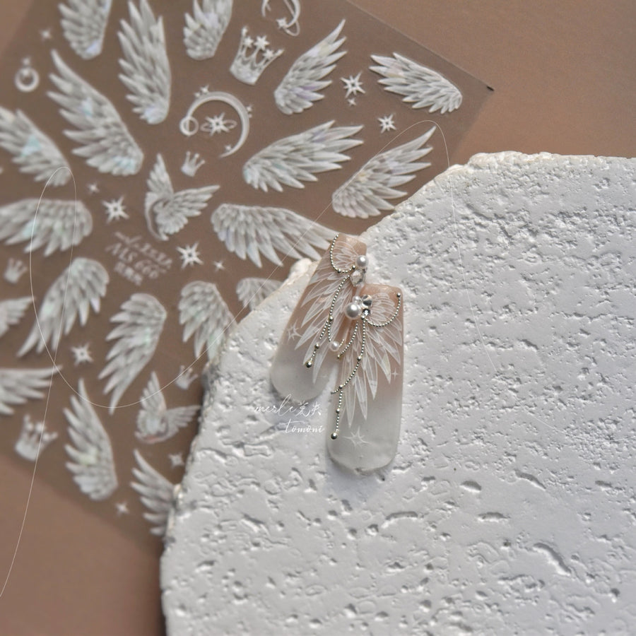 Angel Wings & Crown: "Iridescent Pearl" – 3D Nail Sticker