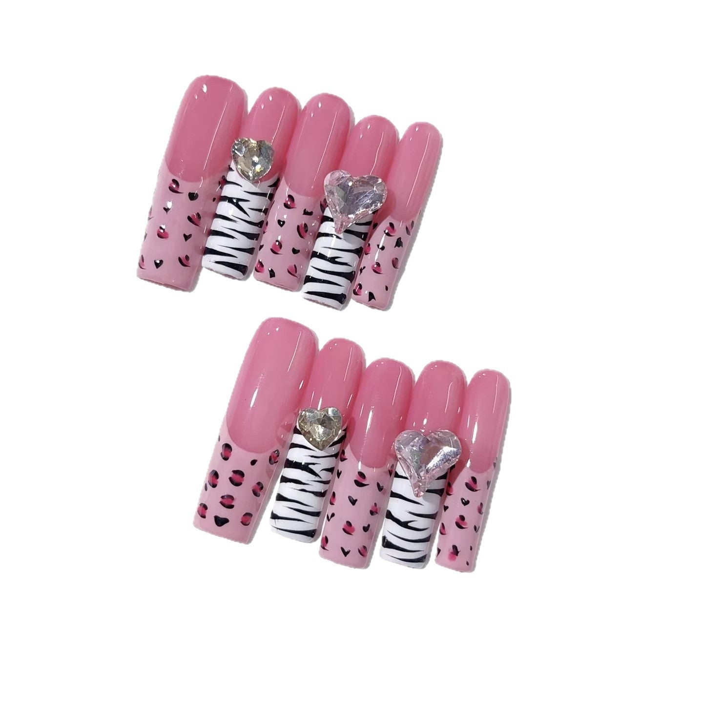 Pink Wild : « Cœur léopard zèbre » – Ongles press-on fait main forme amande longue