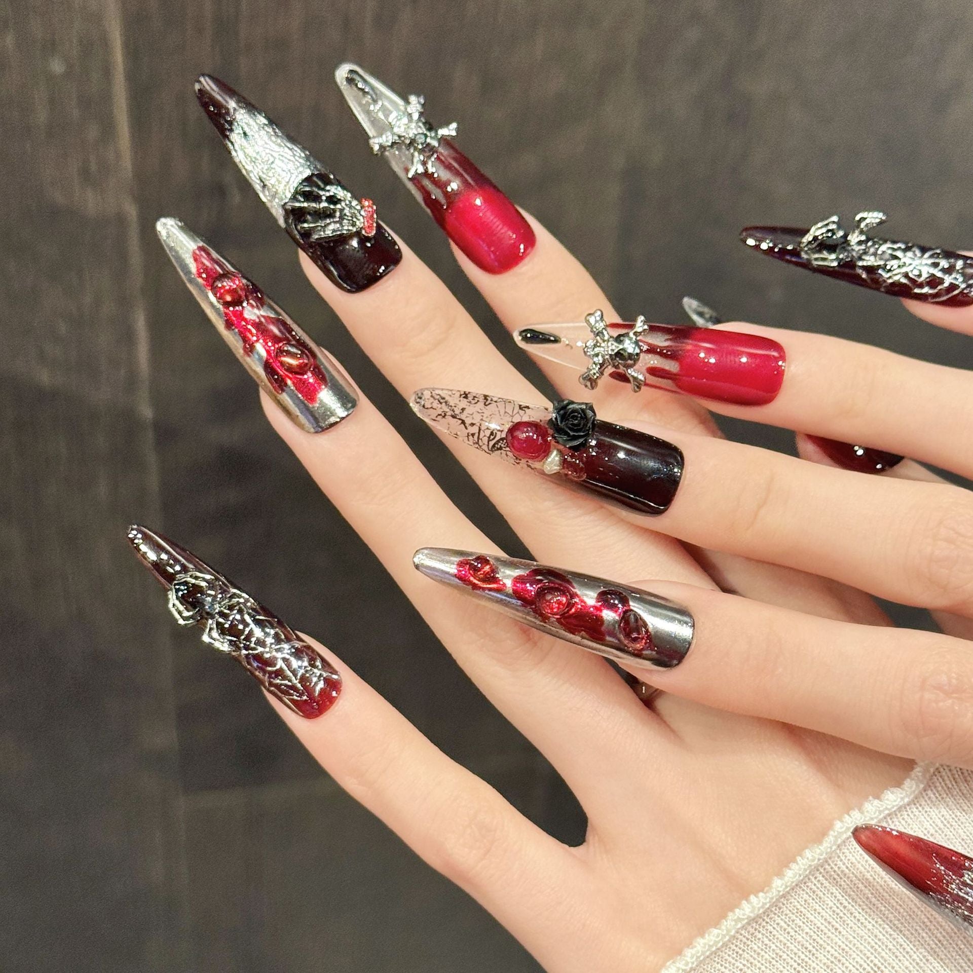 365nails: "Crimson Thorn" – 3D Rose & Spiderweb Handmade Long Stiletto Nails
