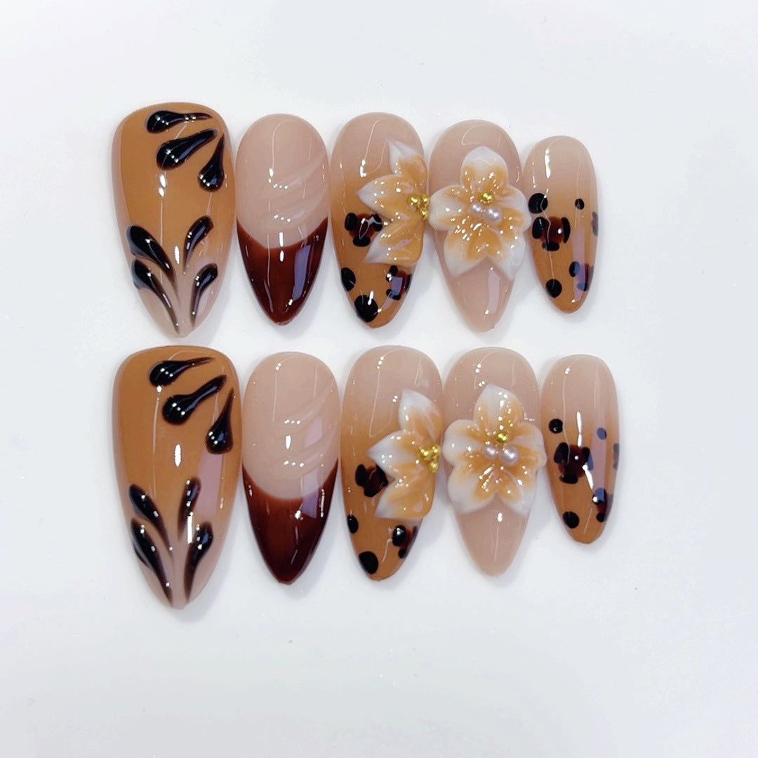 Amber Bloom: "Leopard & Flower" – Long Almond Handmade Press On Nails