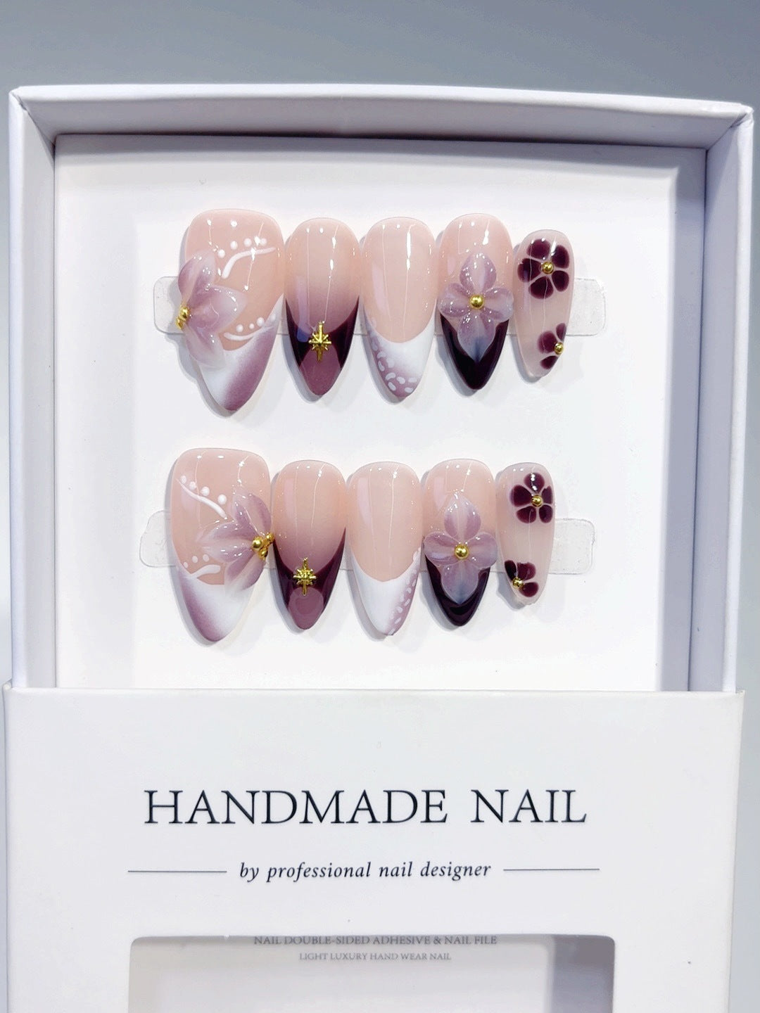 Plum Blossom Gradient: "Purple Floral" – Almond Press-On Nails