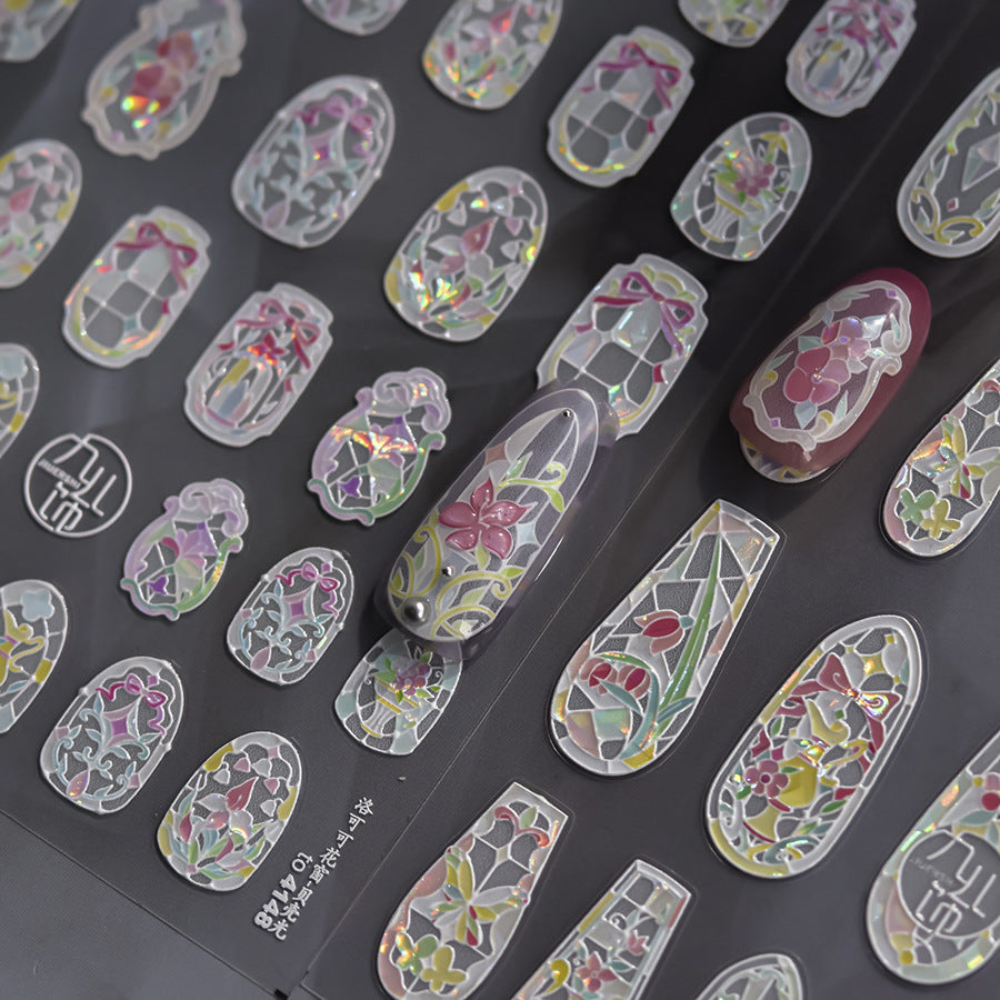 彩繪玻璃系列：「馬賽克彩繪玻璃」 – 3D 彩虹珠光指甲貼