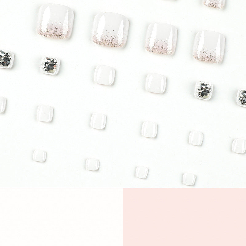 Nail piece Finished short white foot nail piece Wearable manicure patch Glitter rhinestone wearable nail piece Summer｜365nails