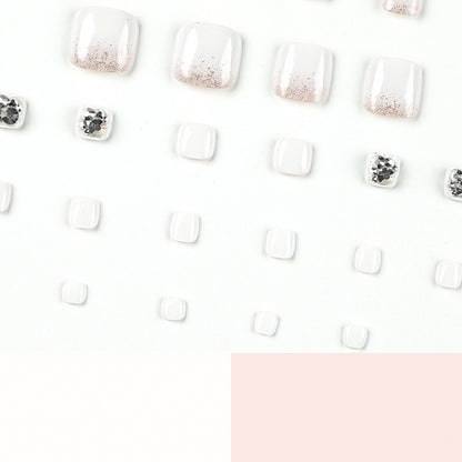 Nail piece Finished short white foot nail piece Wearable manicure patch Glitter rhinestone wearable nail piece Summer｜365nails