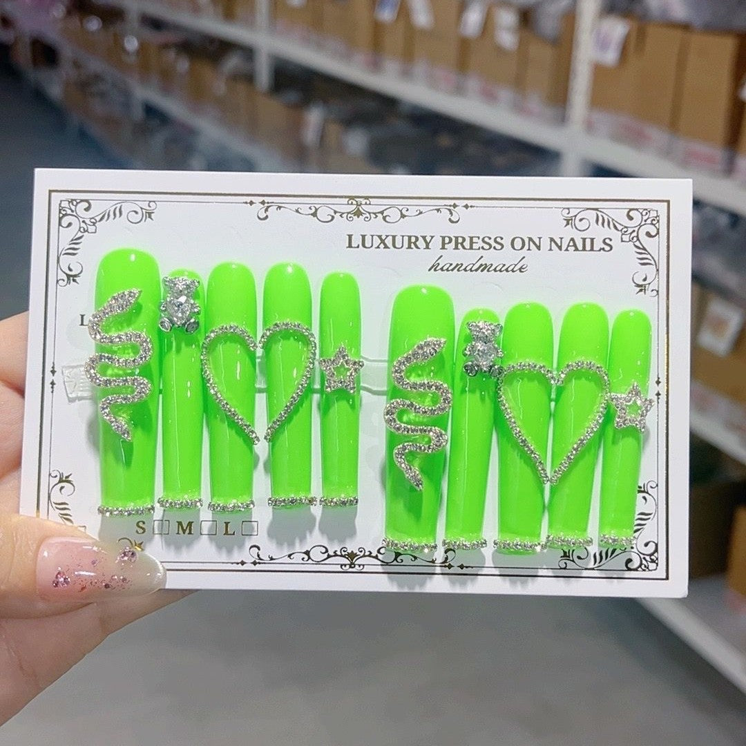 Neon Green Crystal Heart Statement Press On Nails