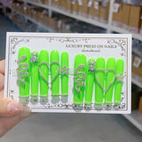 Neon Green Crystal Heart Statement Press On Nails