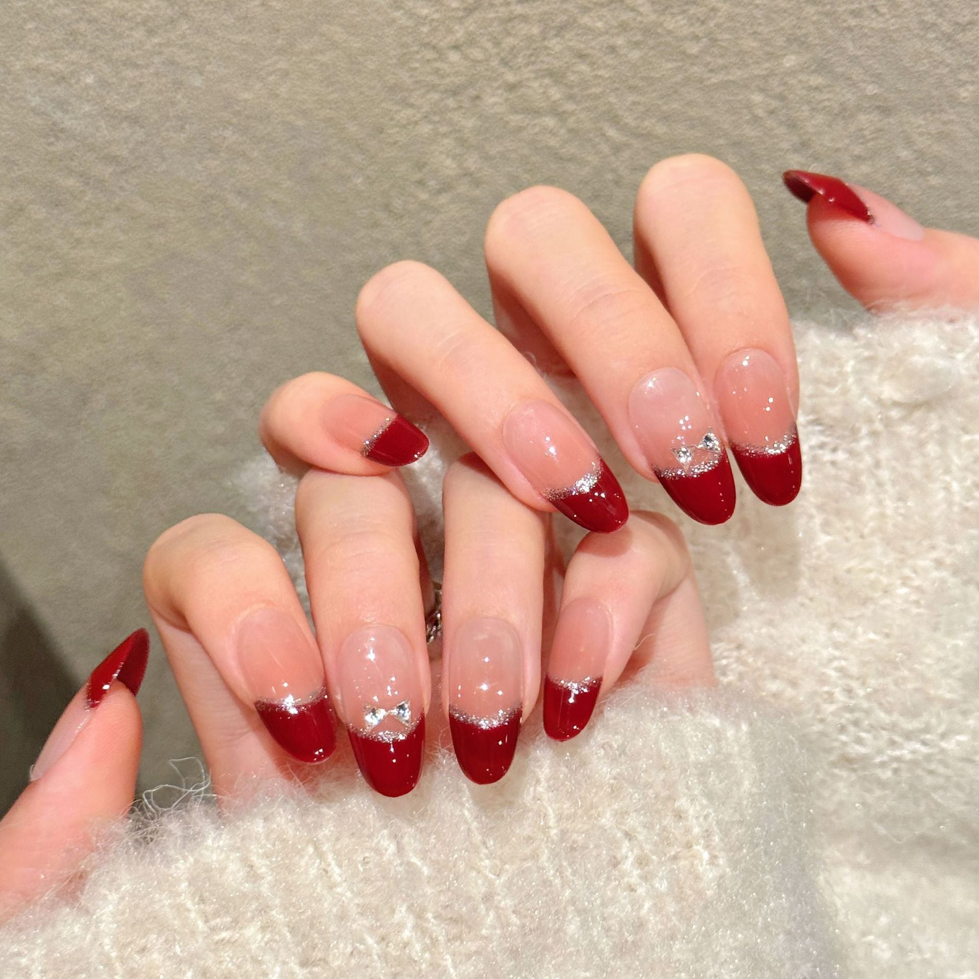 365nails: "Crimson Blush" – Ombre French Tip Handmade Short Almond Nails