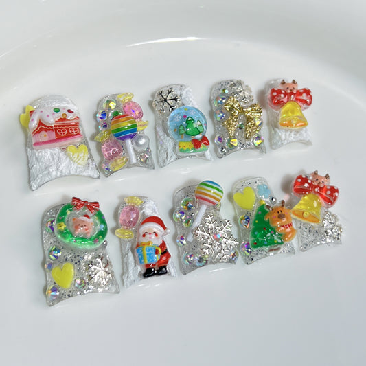 Handmade Press-on Nails Cute Small Fresh Christmas Nail Patch   Christmas Tree Duckbill Shape Nail｜365nails