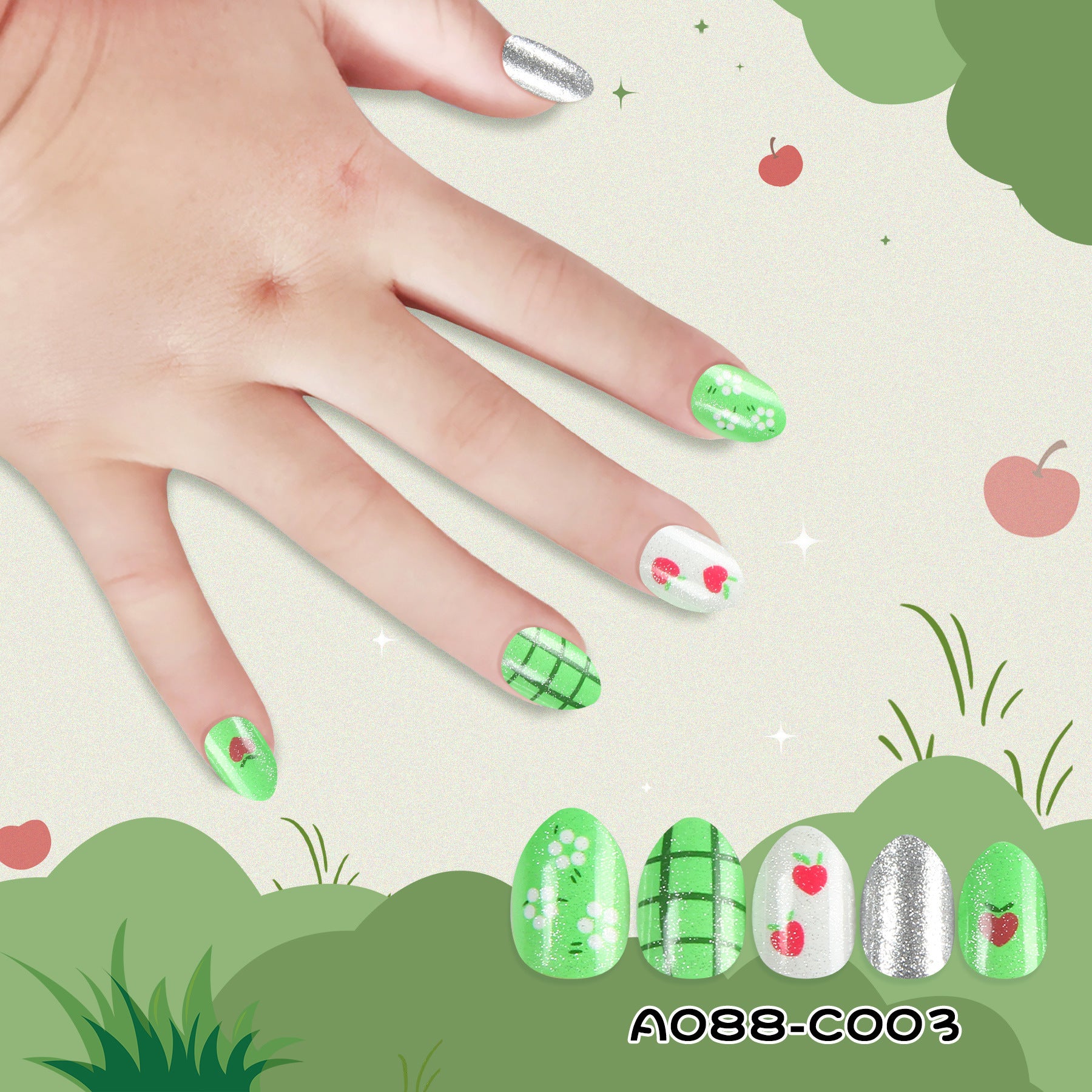Kids press-on nails Green, safe and environmentally friendly glue-free patches 24 pieces average size