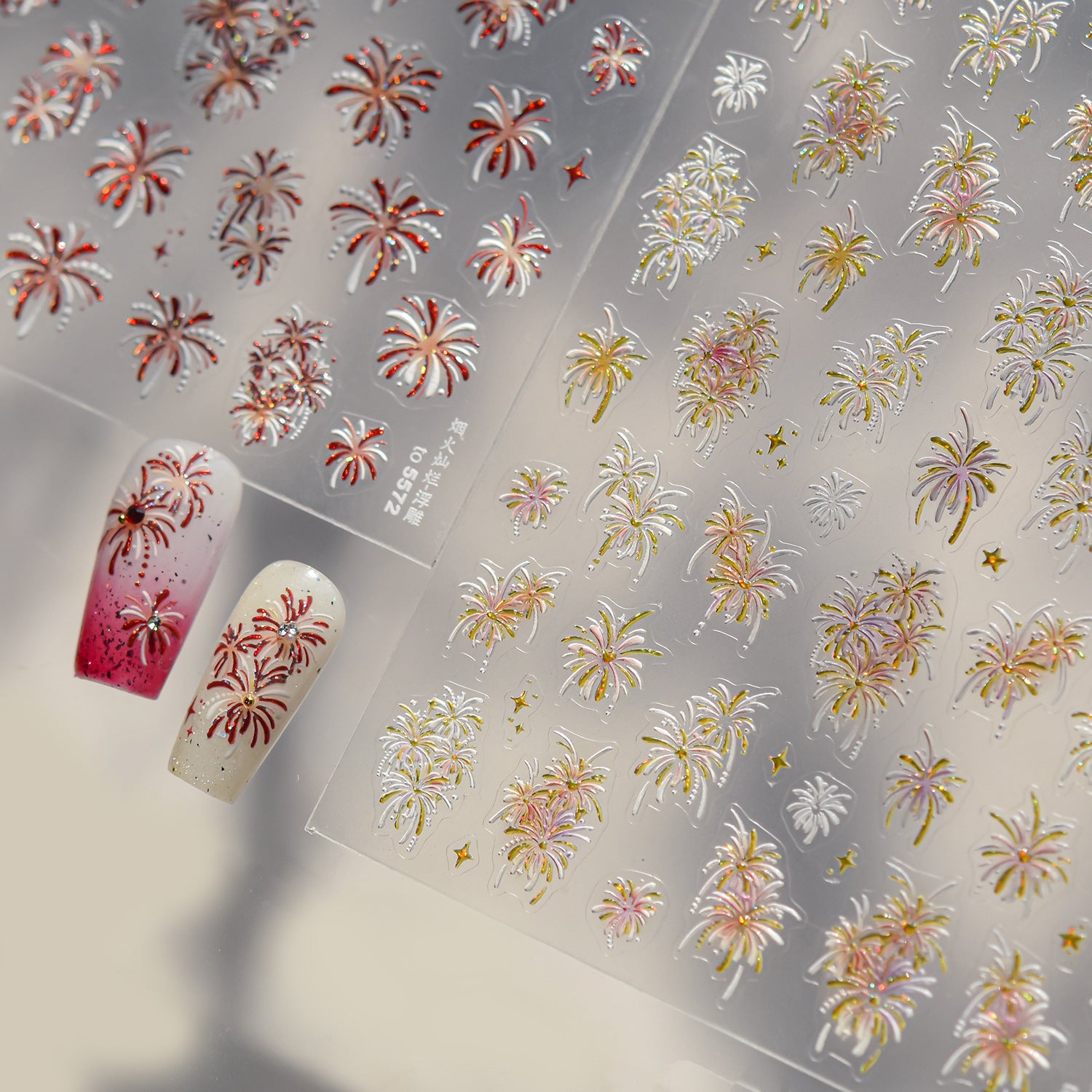 Holographic Firework Nail Stickers – 3D Embossed Red & Pink Celebration Set