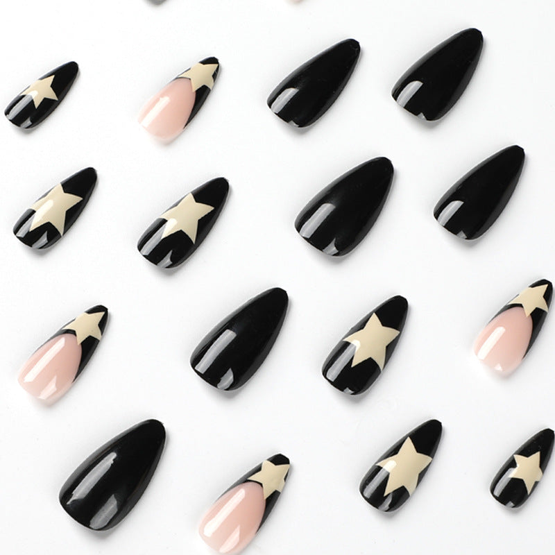 Wear armor Medium and long armor, French black edge milky white pentagram nail art, wear nail wholesale nails
