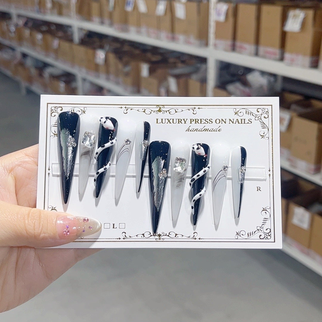 Black White Snake Graphic Crystal Statement Press On Nails