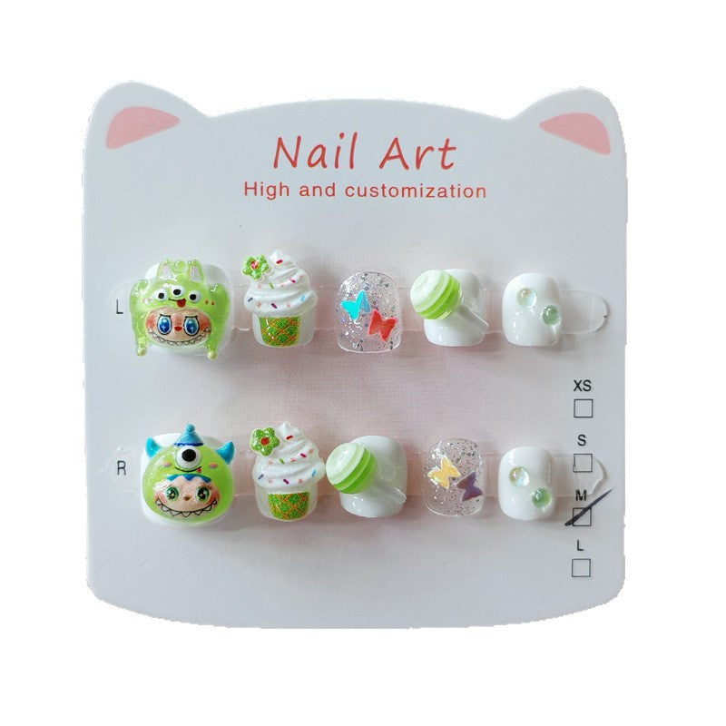 365nails-Cute Monster Kids Series: "Green Goblin Party" – Short Square Kids Nail Art