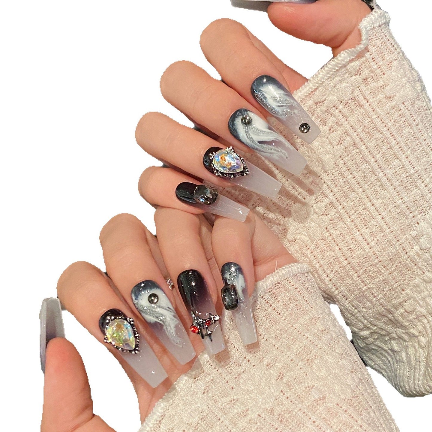 Black punk style smudged metal zircon finished niche long handmade nails | 365nails