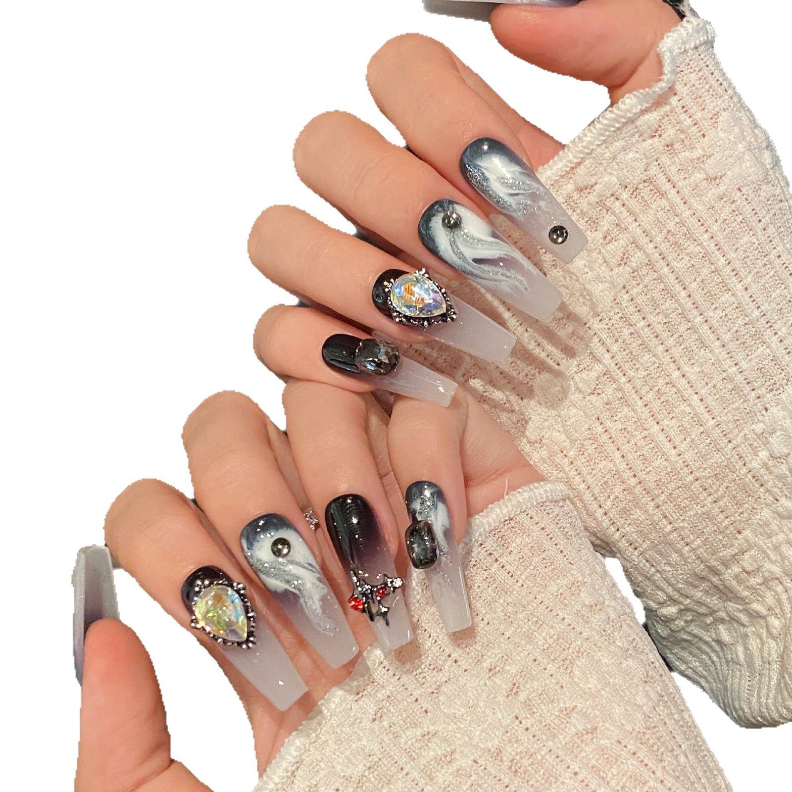 Black punk style smudged metal zircon finished niche long handmade nails | 365nails