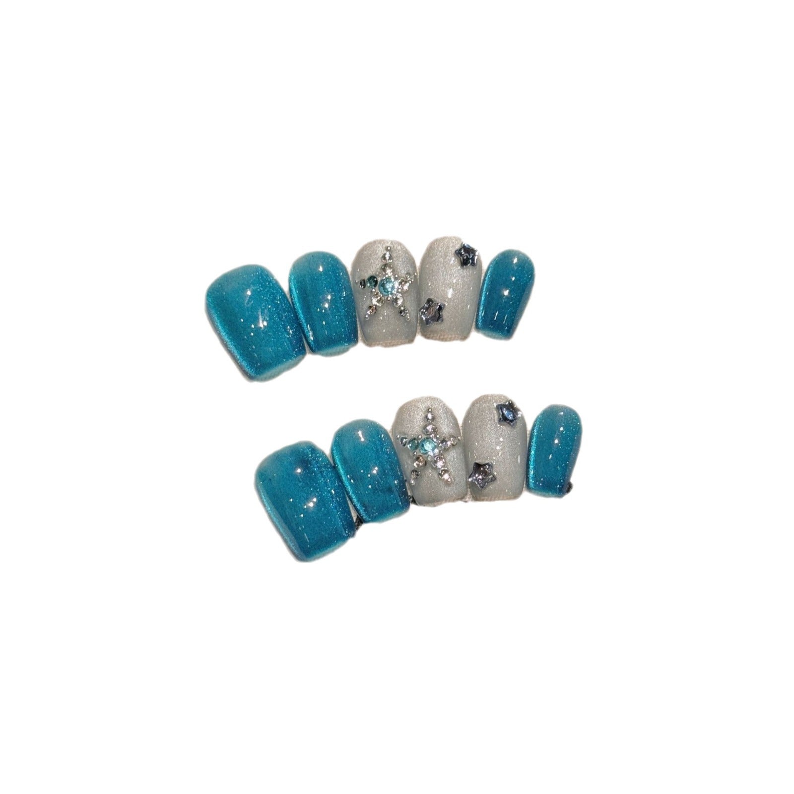365nails: "Aqua Star" – 아이시 블루 캣아이 수제 스퀘어형 네일