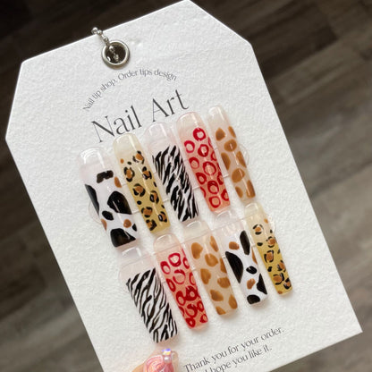 Extra long press-on nails leopard print manicure fake nails sticker finished product exaggerated  style wearing model | 365nails