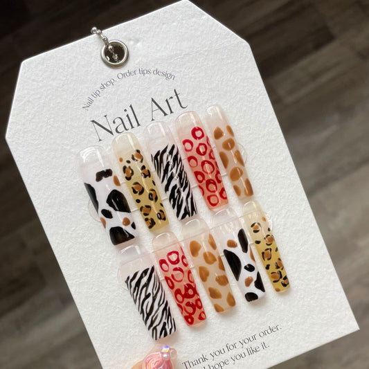 Extra long press-on nails leopard print manicure fake nails sticker finished product exaggerated  style wearing model | 365nails