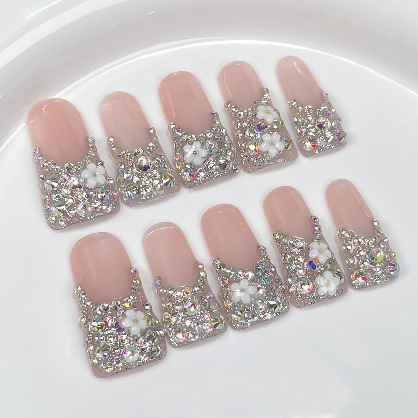 Cute, ugly and cute duck bill nail full of diamonds and flash French long handmade press on nails, wearing fake nails｜365nails