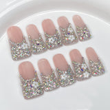 Bonitas, feas y lindas uñas de pico de pato llenas de diamantes y destellos, uñas francesas largas hechas a mano, con uñas postizas｜365nails